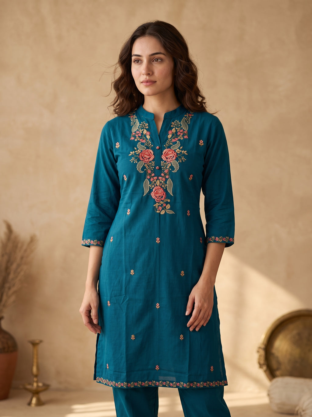 Teal Blue Floral Embroidered Linen Cotton Kurta Pant Set