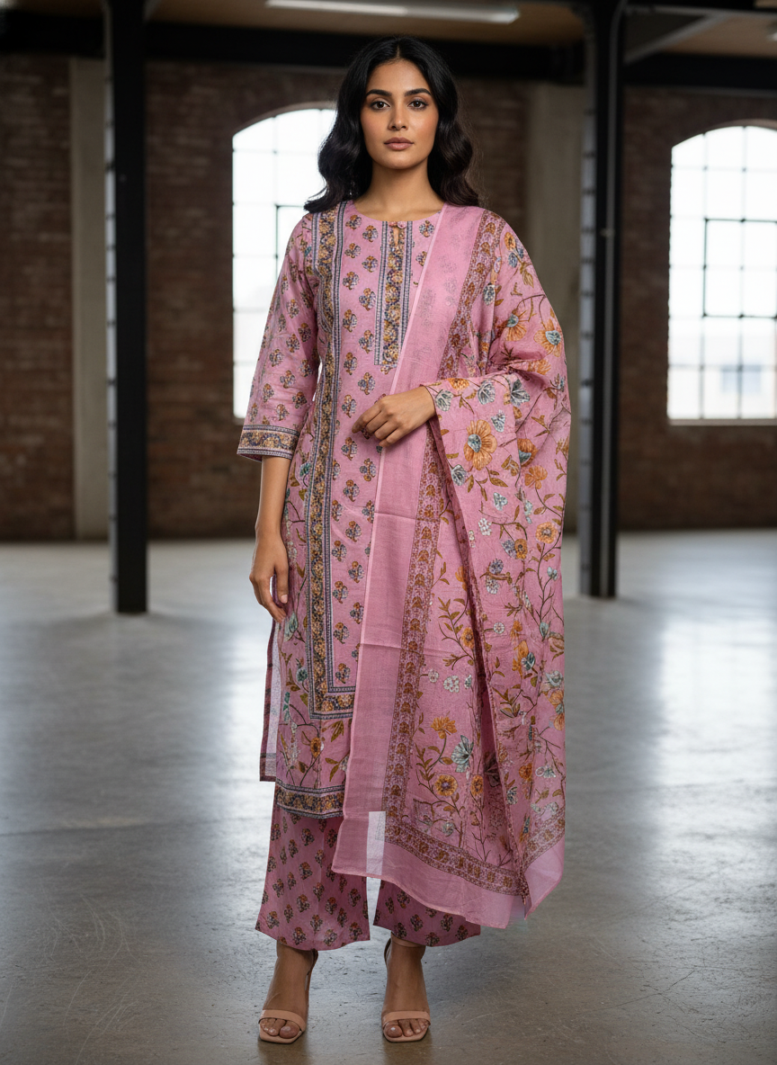 Blush Pink Floral A-Line Cotton Suit Set for Women – Daily Wear Kurta with Dupatta