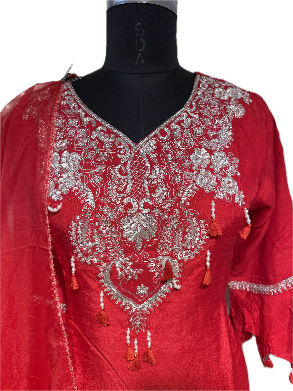 Ruby Red Embroidered Kurta and Pant Set with Organza Dupatta
