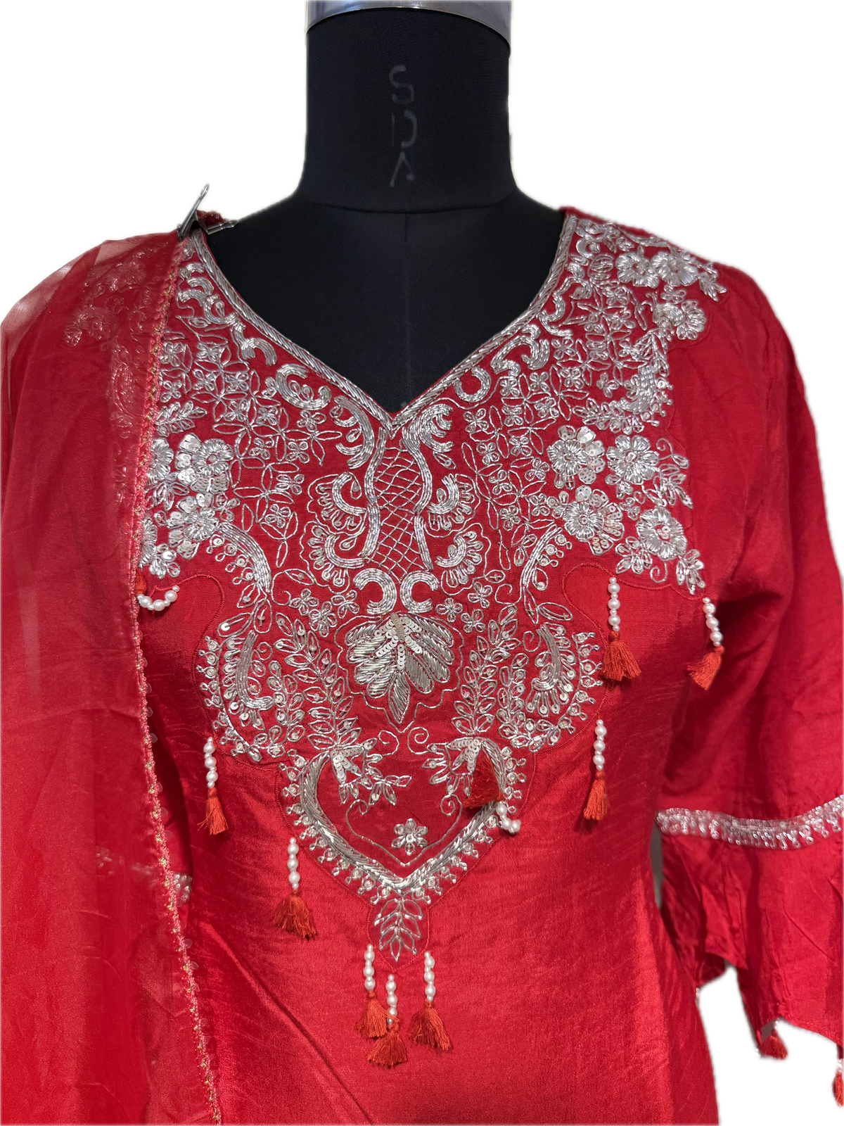 Ruby Red Embroidered Kurta and Pant Set with Organza Dupatta