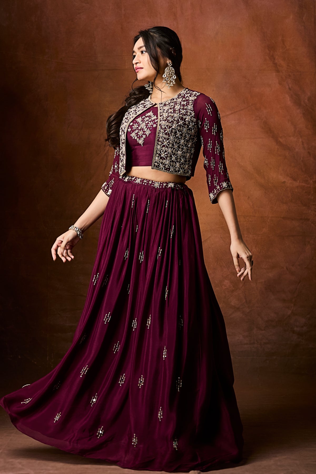Royal Plum Three-Piece Lehenga Set with Sequin Embroidery