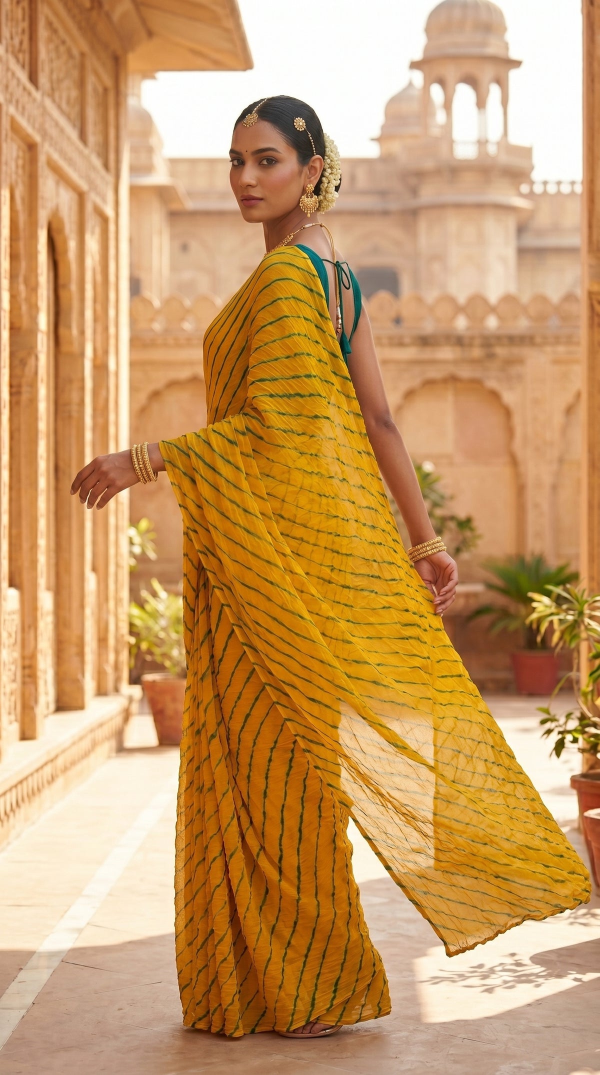 Mustard Yellow & Green Leheriya Georgette Saree with Blouse Piece