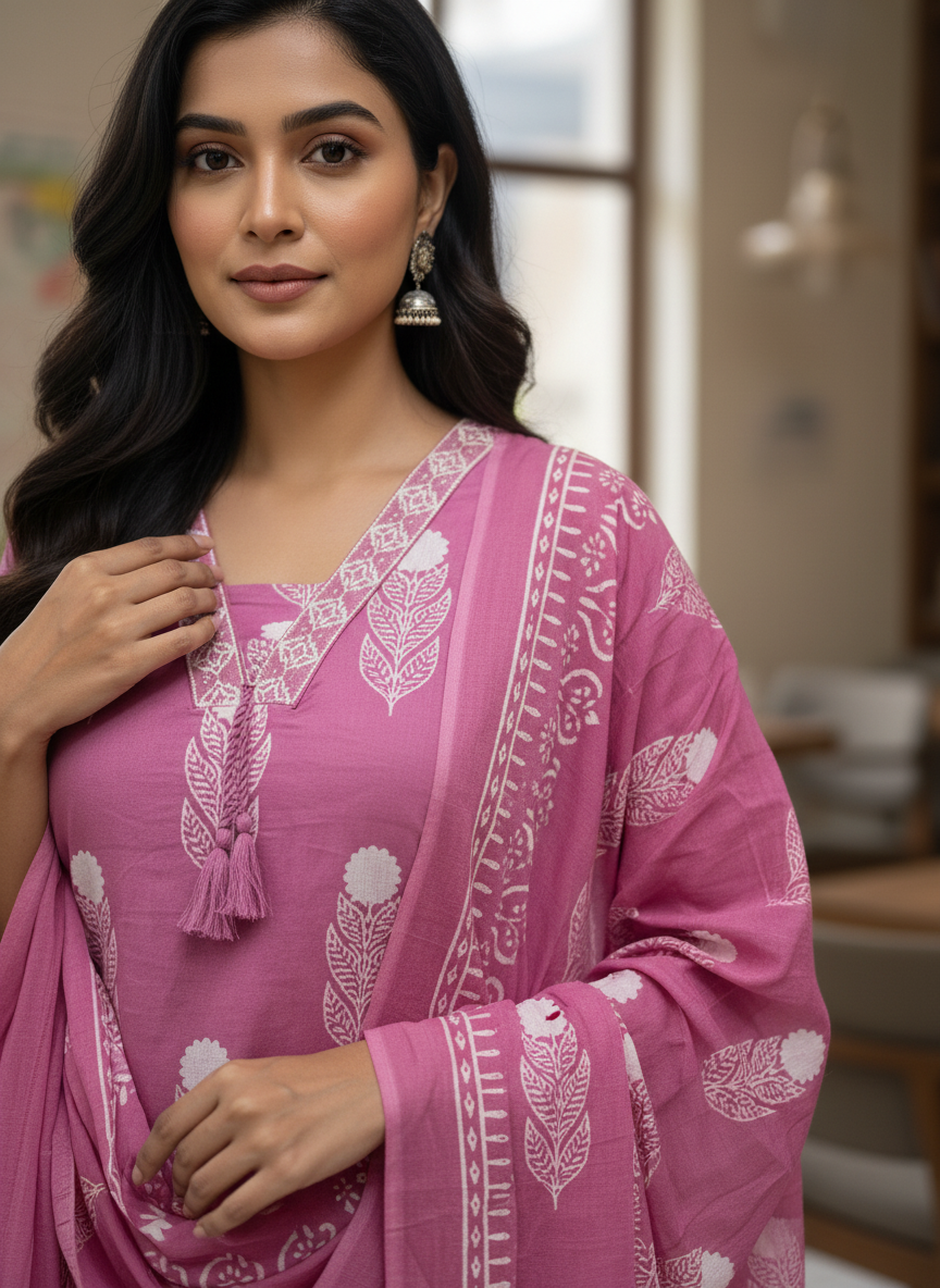 Mauve Pink Leaf Print Cotton Kurta Set for Women – Office Wear Ethnic Suit