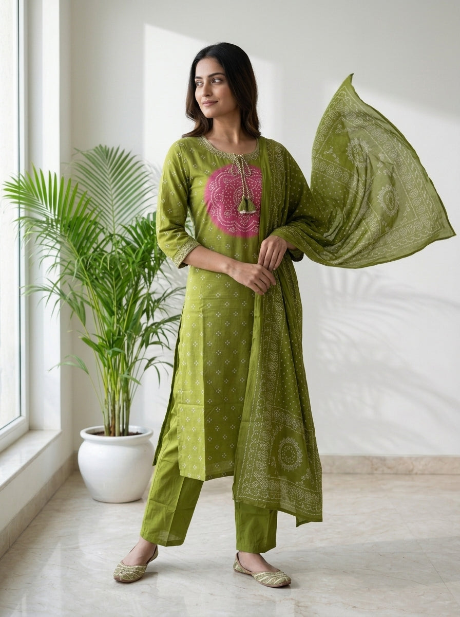 Mehndi Green Bandhani Print Cotton Kurta Pant Set with Dupatta