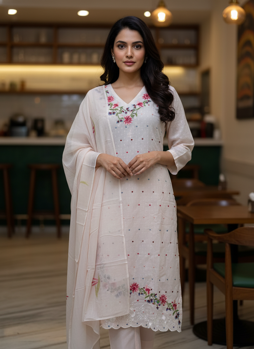 Nude Pink Embroidered Cotton Kurta Set for Women – Scalloped Hem Ethnic Suit