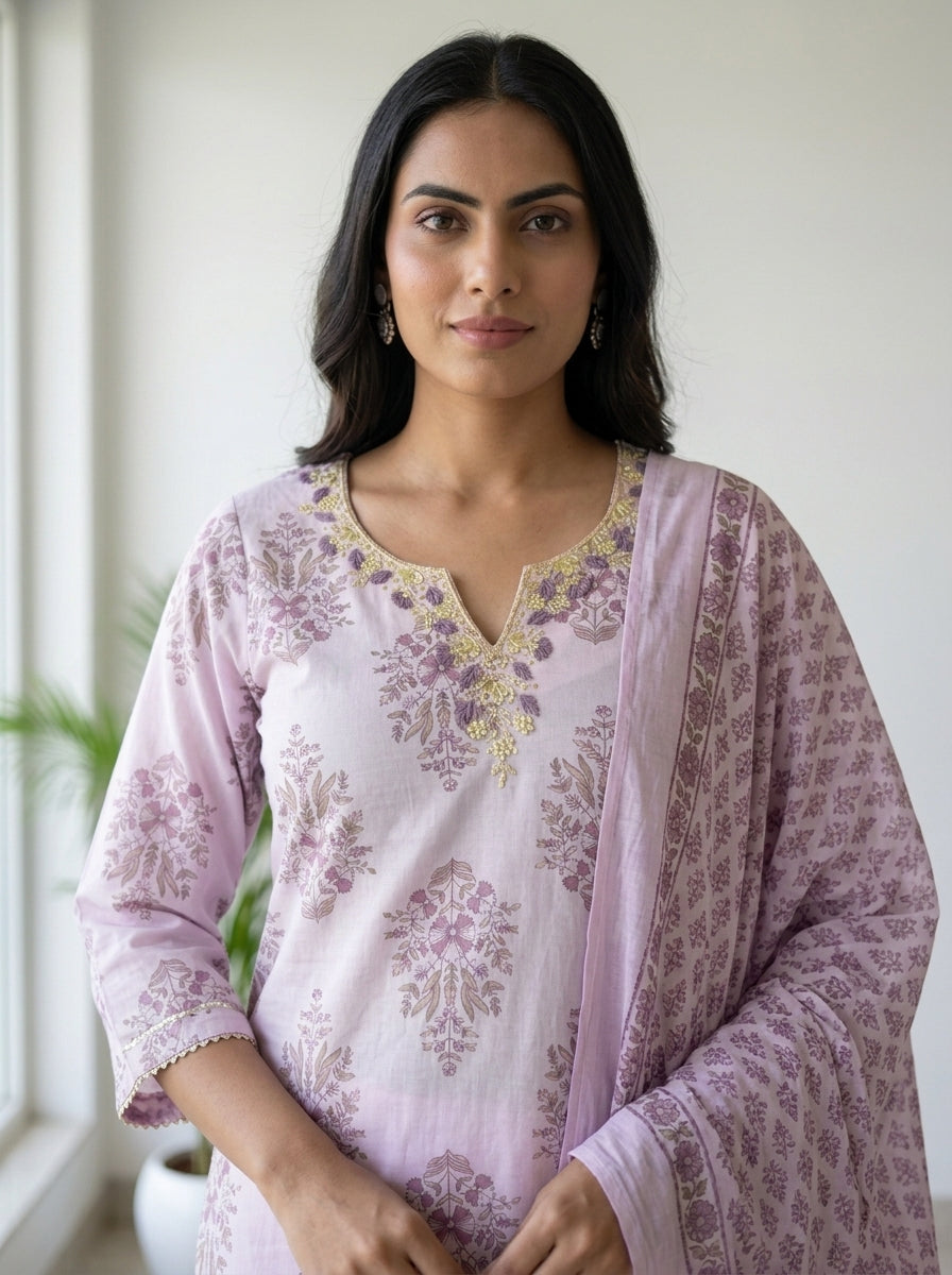 Lilac Block Print Cotton Kurta Pant Set with Dupatta
