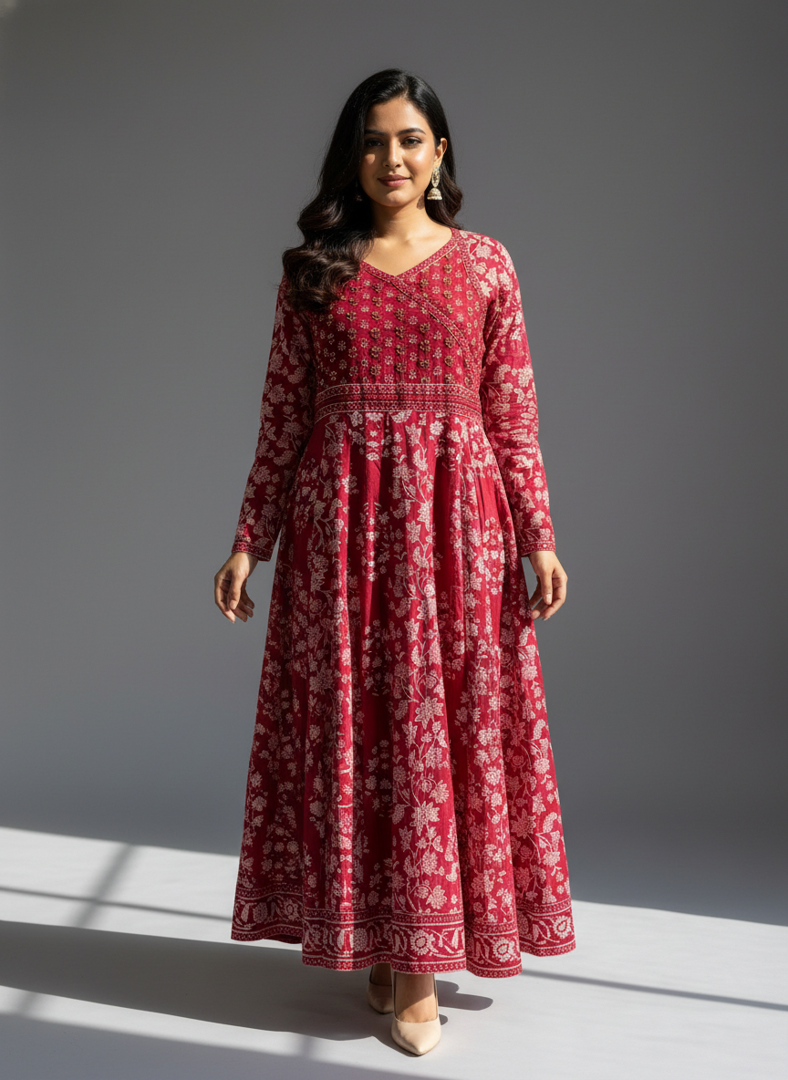 Maroon Floral Cotton Anarkali Suit for Women – Printed Daily Wear Kurta Set