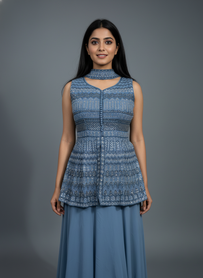Dusty Blue Embroidered Peplum Top with Flowy Skirt Set – Indo-Western