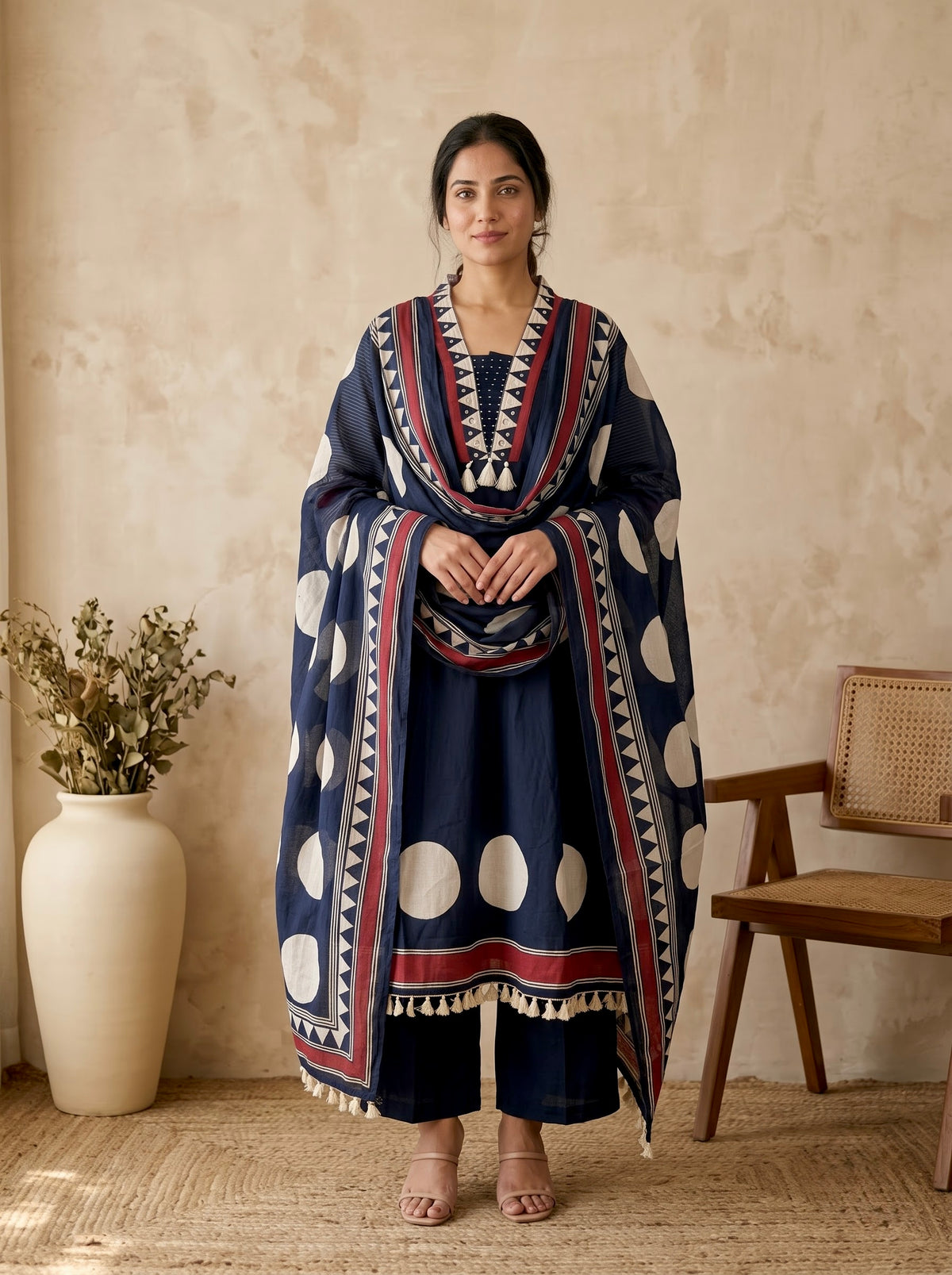 Navy Blue Polka Dot A-Line Premium Cotton Kurta Set
