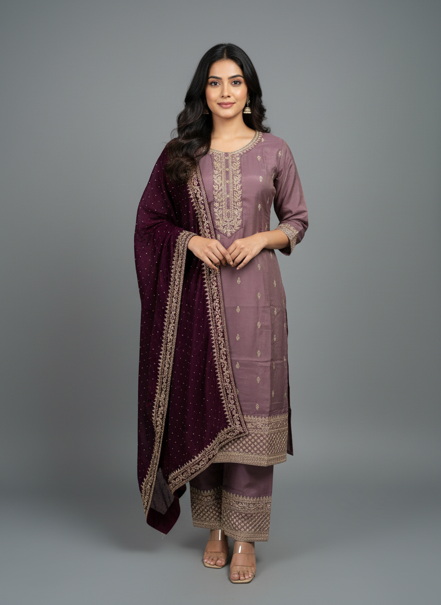 Mauve Silk Embroidered Kurta Set – The Mystique