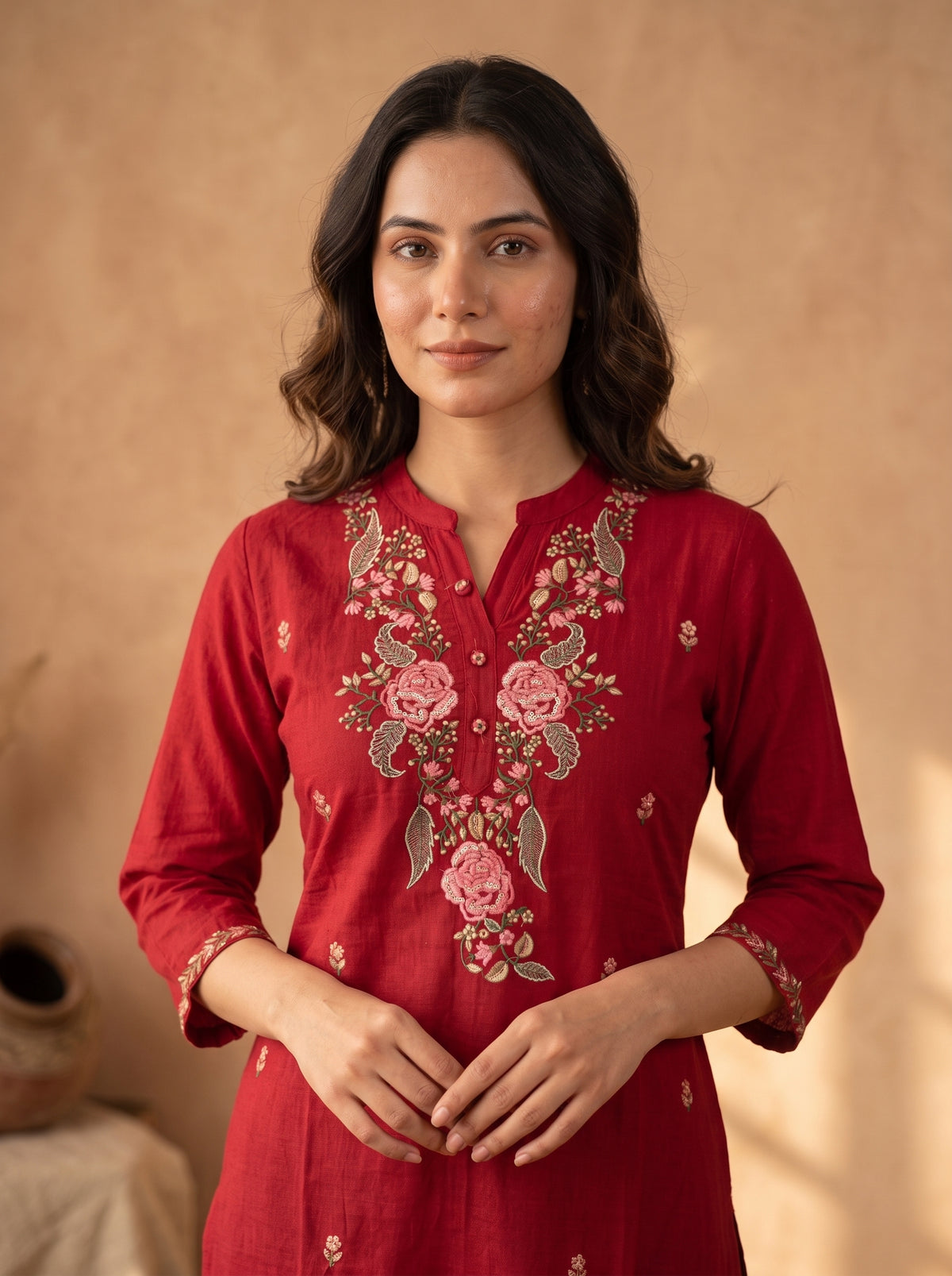 Red Floral Embroidered Linen Cotton Kurta Pant Set
