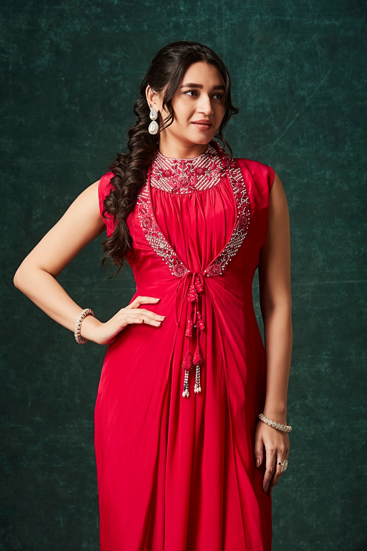 Ruby Red Moroccan Drape Jumpsuit with Beaded Neckline