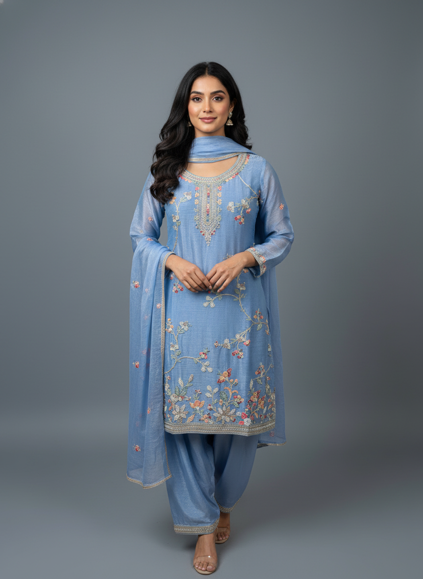 Powder Blue Floral Embroidered Kurta Set – Serenity