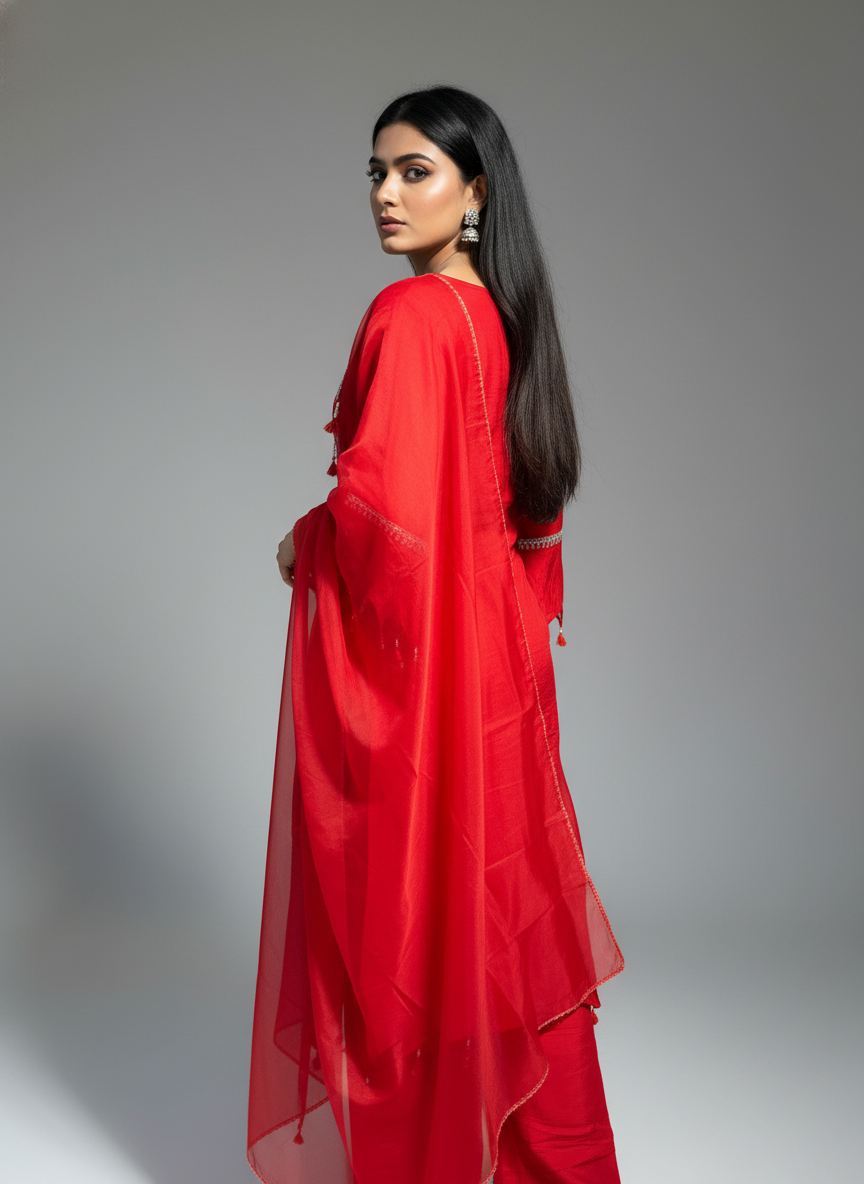 Ruby Red Embroidered Kurta and Pant Set with Organza Dupatta