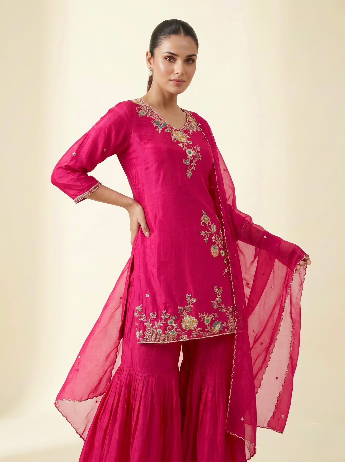 Rani Pink Pure Georgette Silk Sharara Set with Zardozi Embroidery & Organza Dupatta