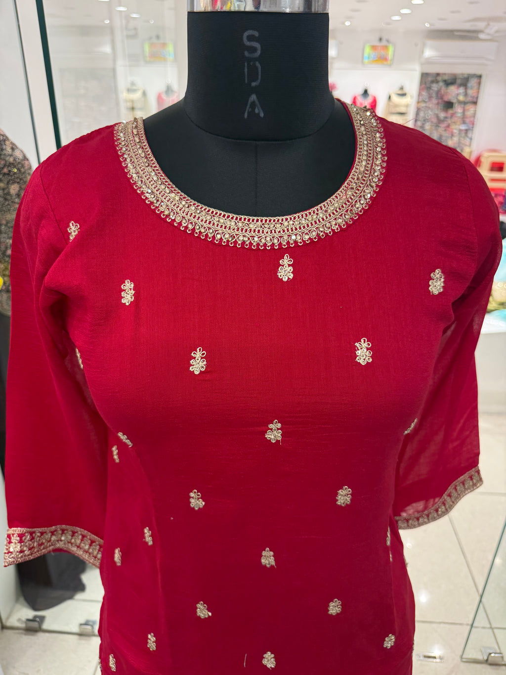 Scarlet Red Viscose Kurta Set with Zari and Sequin Embroidery
