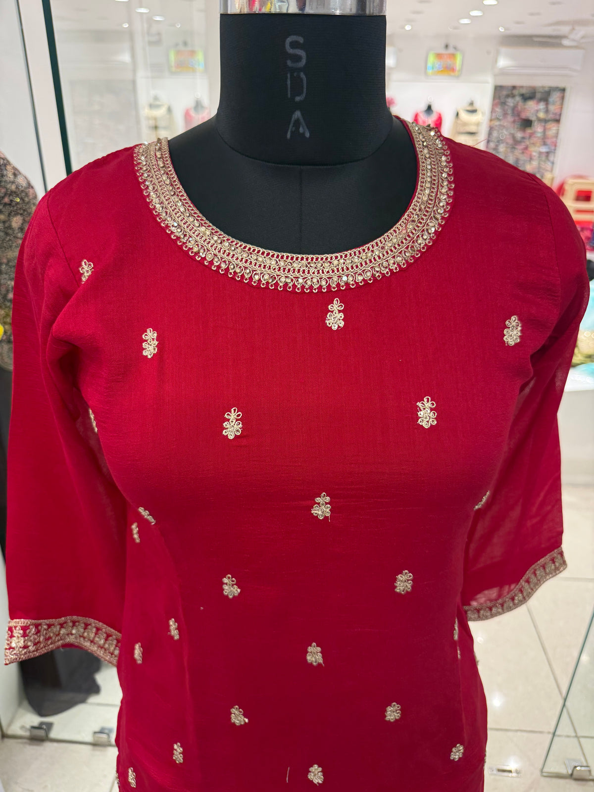 Scarlet Red Viscose Kurta Set with Zari and Sequin Embroidery