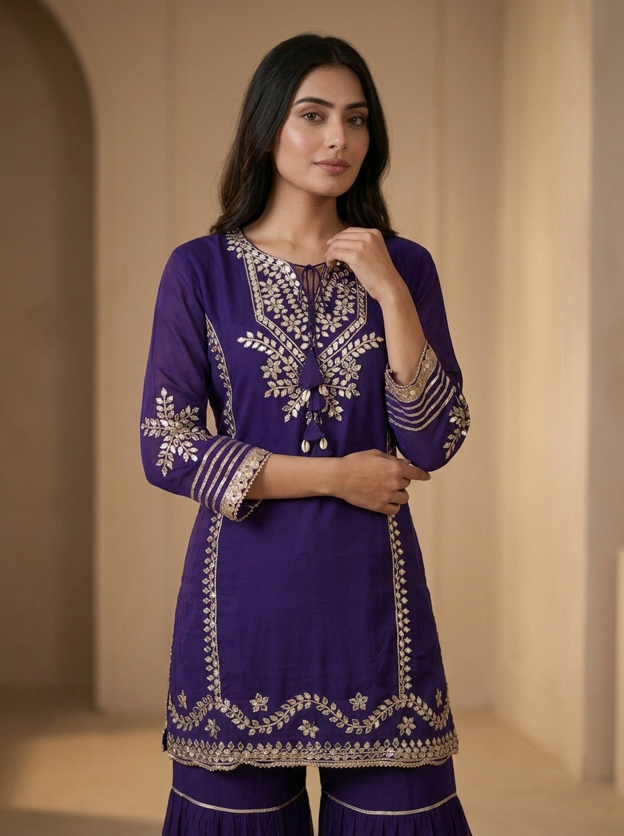 Purple Gota Patti Embroidered Kurta Sharara Set with Dupatta