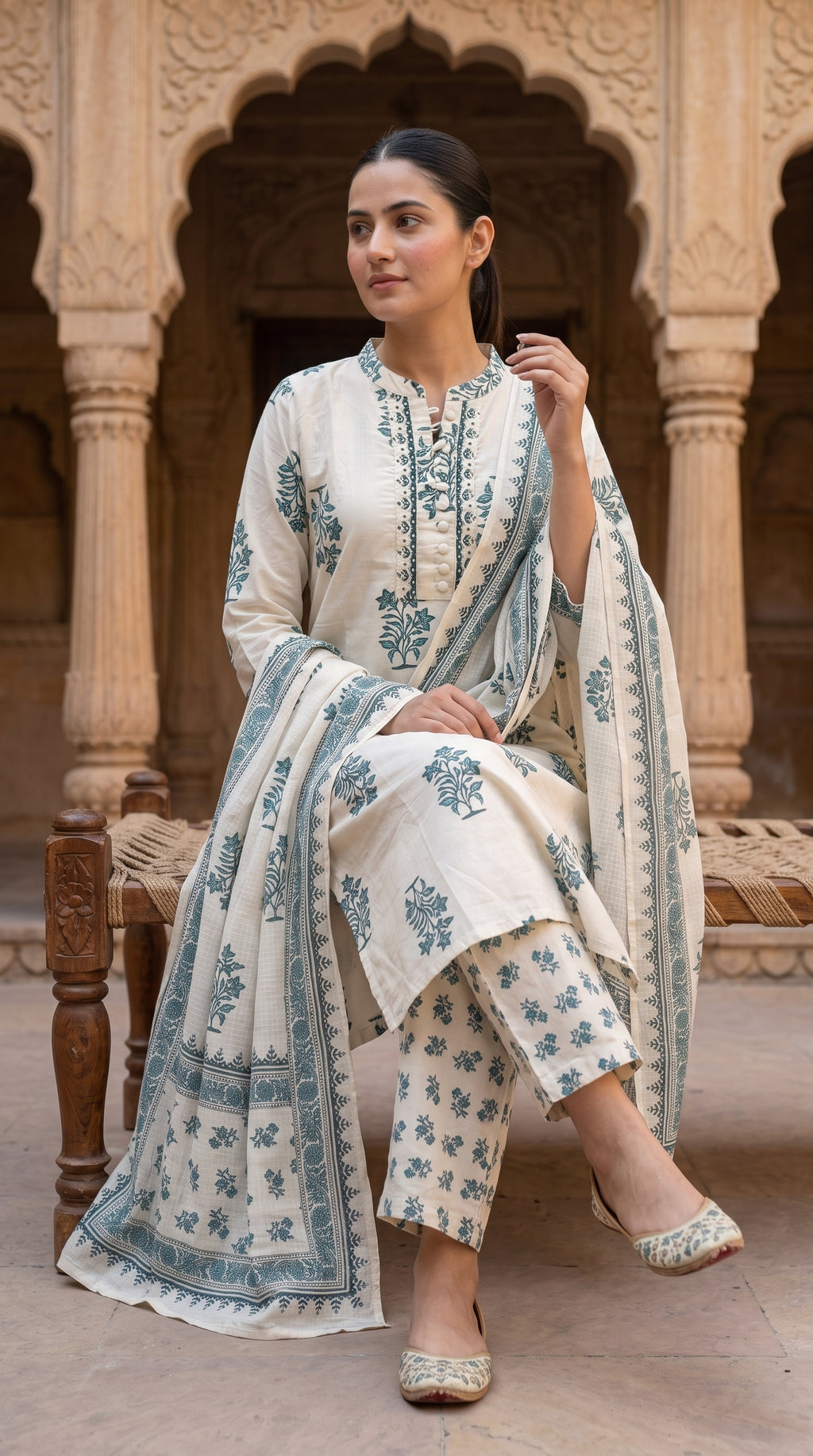 Ivory Teal Block Print Cotton Kurta Set for Women – Straight Suit with Dupatta