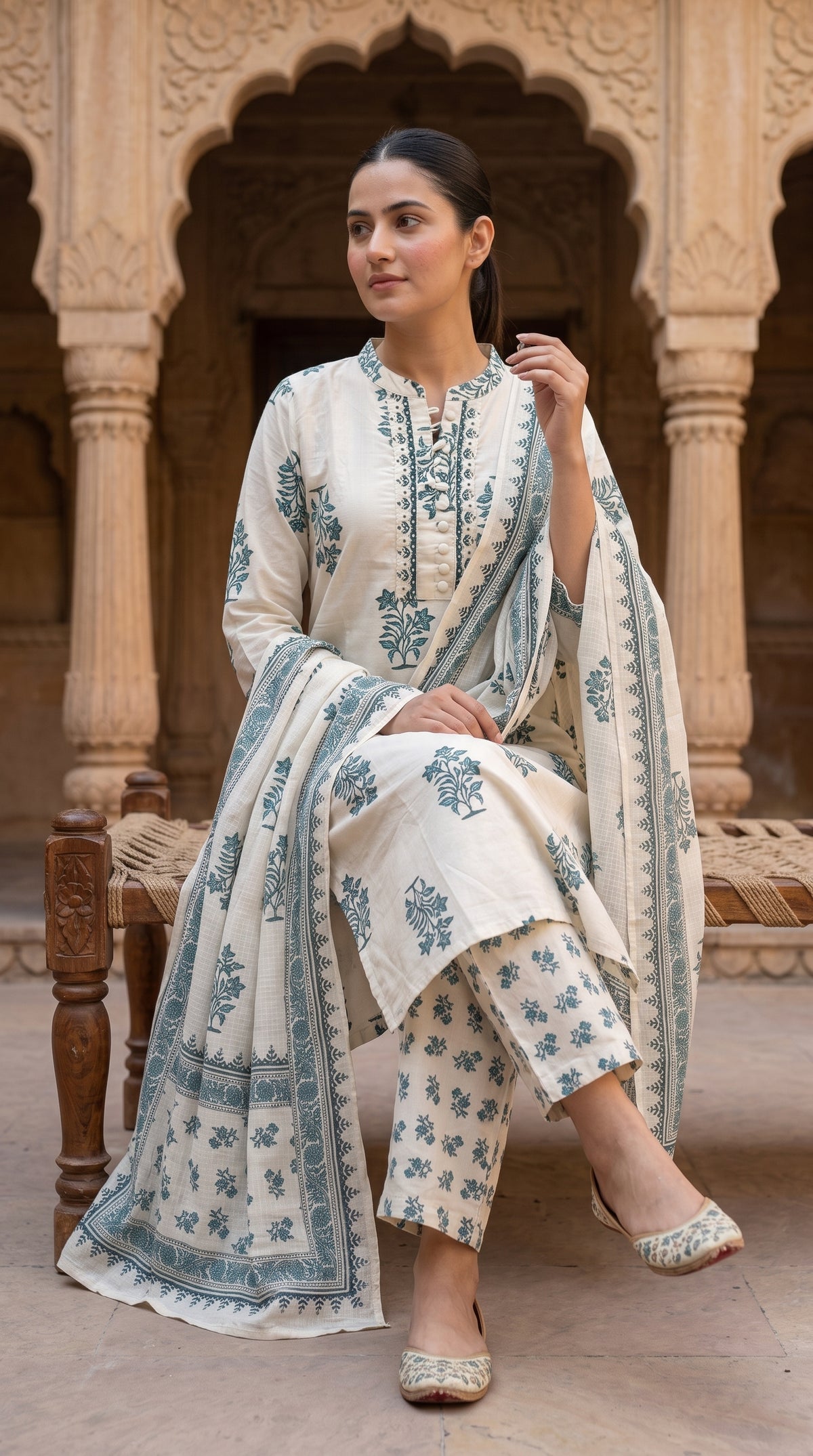 Ivory Teal Block Print Cotton Kurta Set for Women – Straight Suit with Dupatta