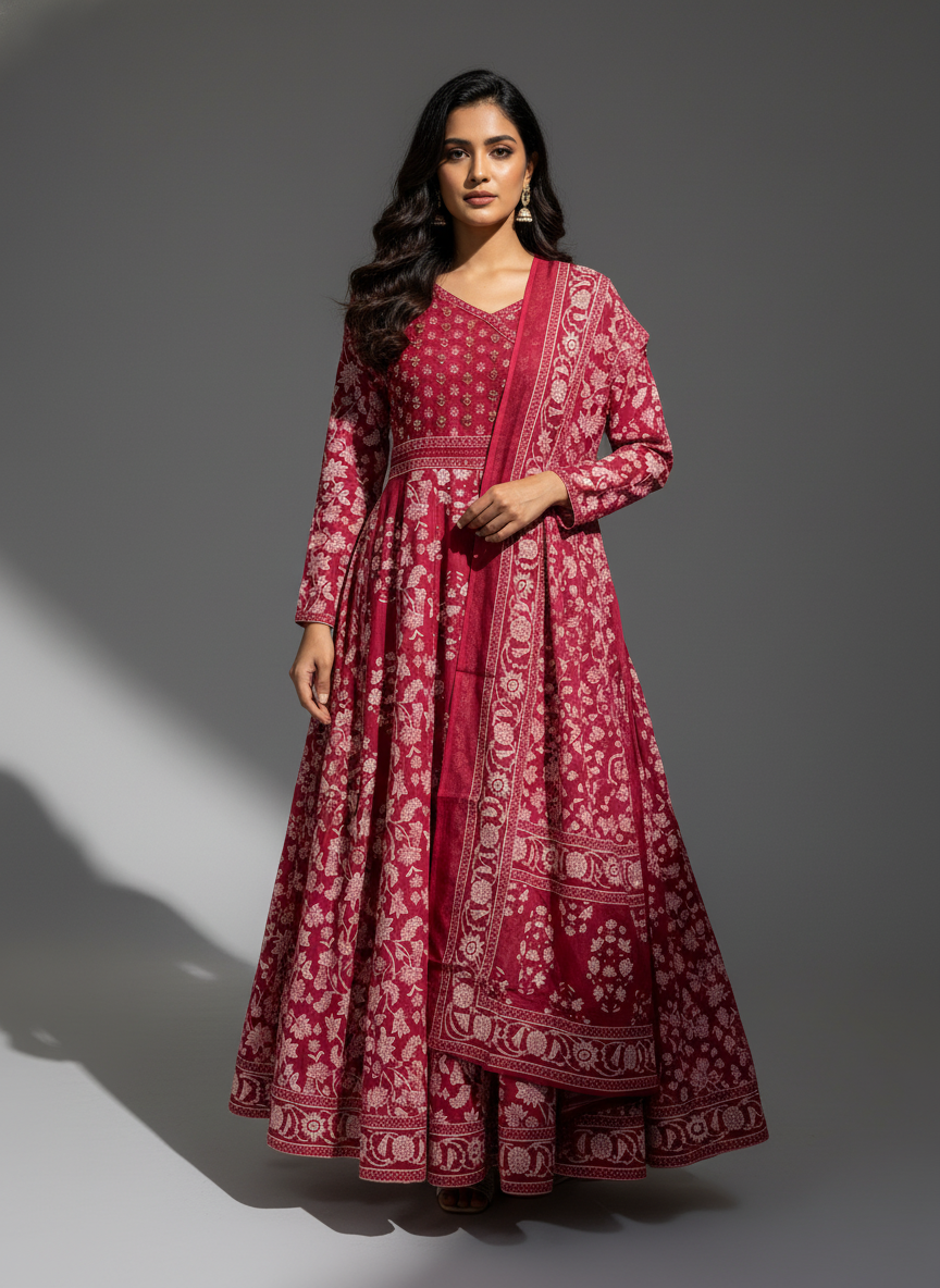 Maroon Floral Cotton Anarkali Suit for Women – Printed Daily Wear Kurta Set