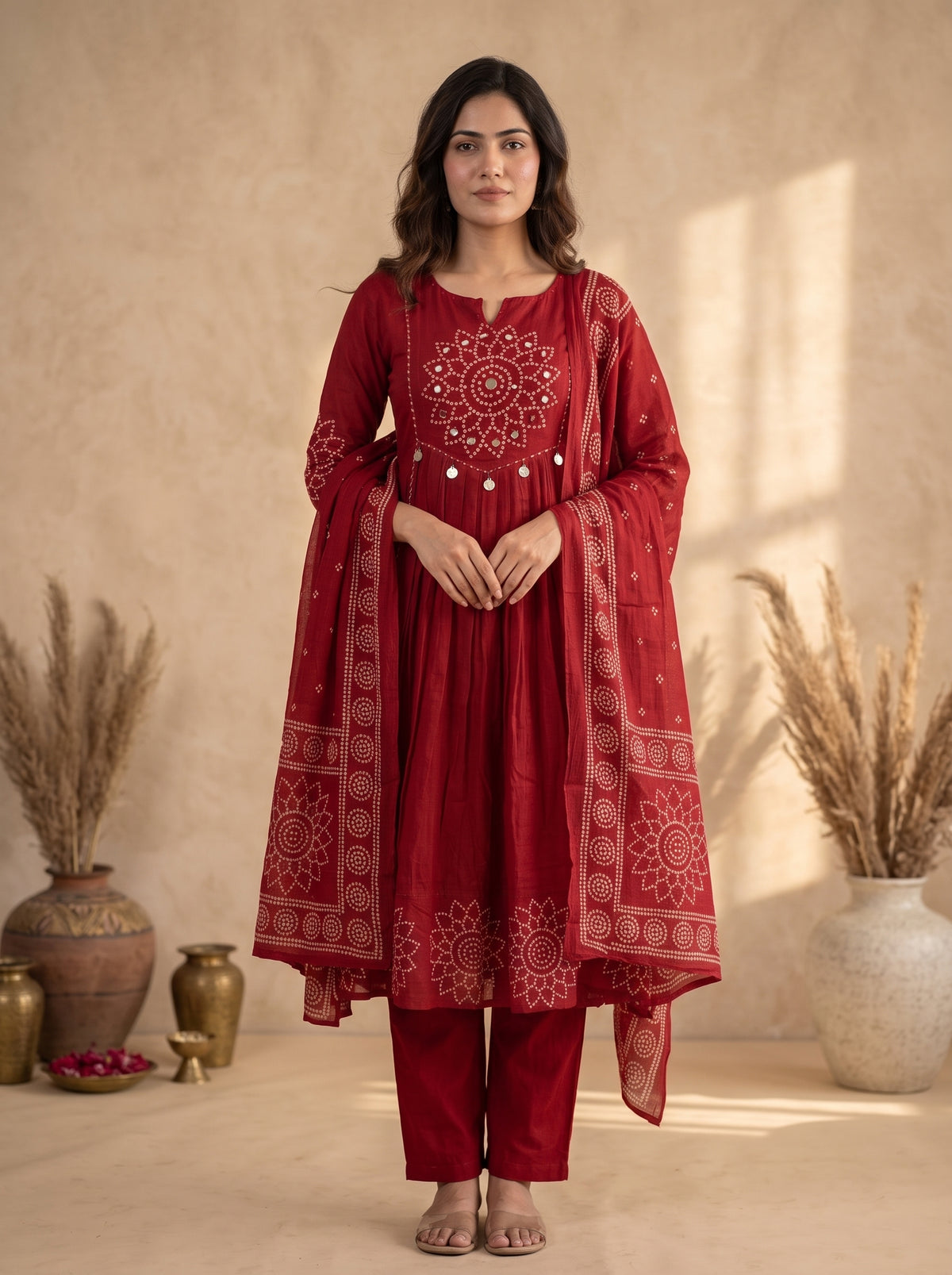 Red Bandhani Mirror Work Anarkali Kurta Set with Dupatta