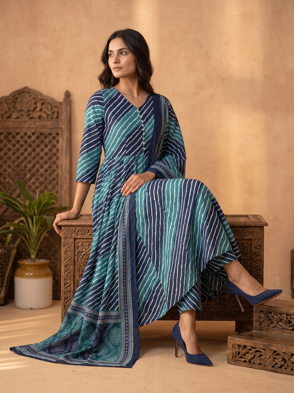 Blue Leheriya Printed Cotton Anarkali Set