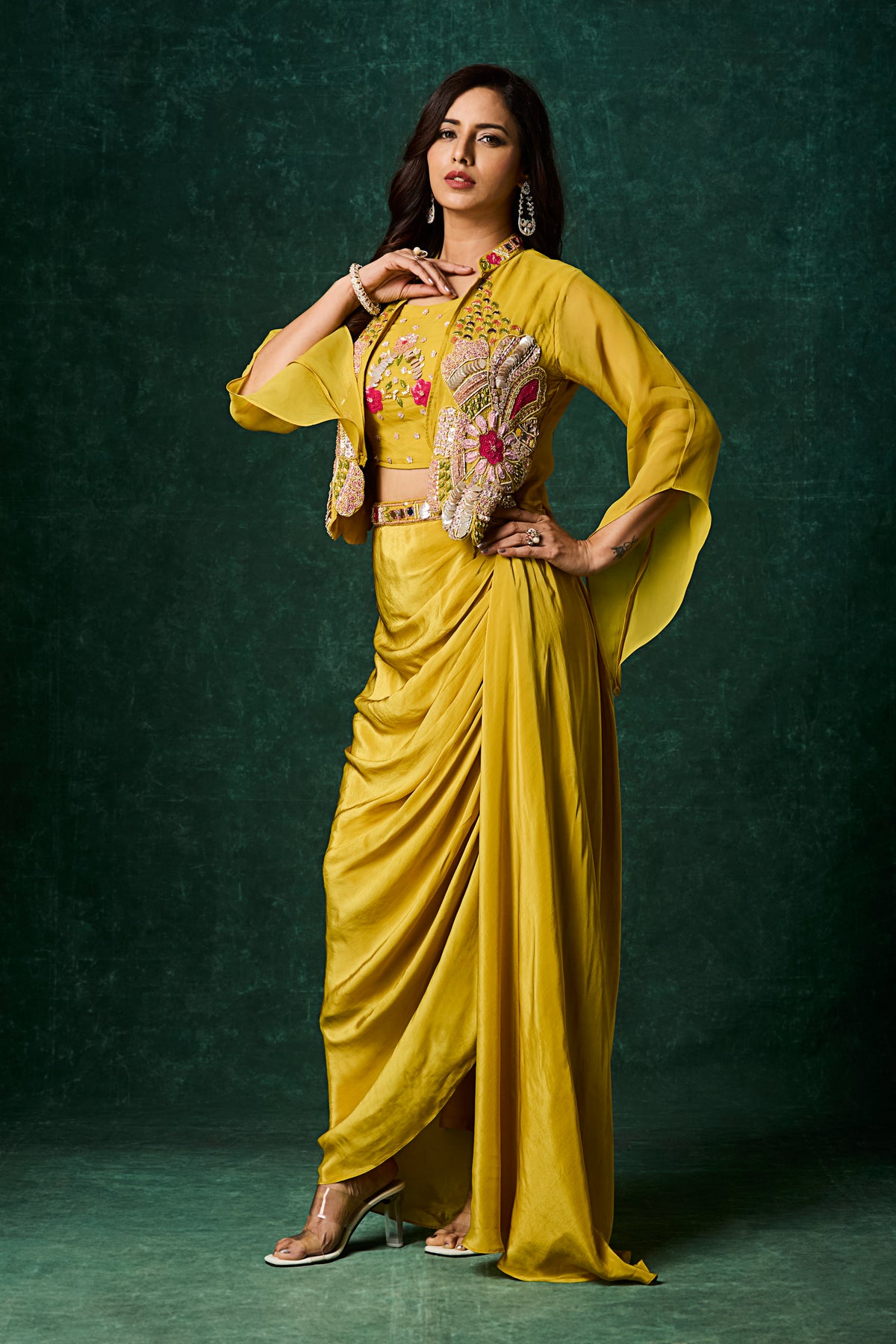 Mustard Yellow Draped Skirt Set with Embroidered Jacket – Three-Piece