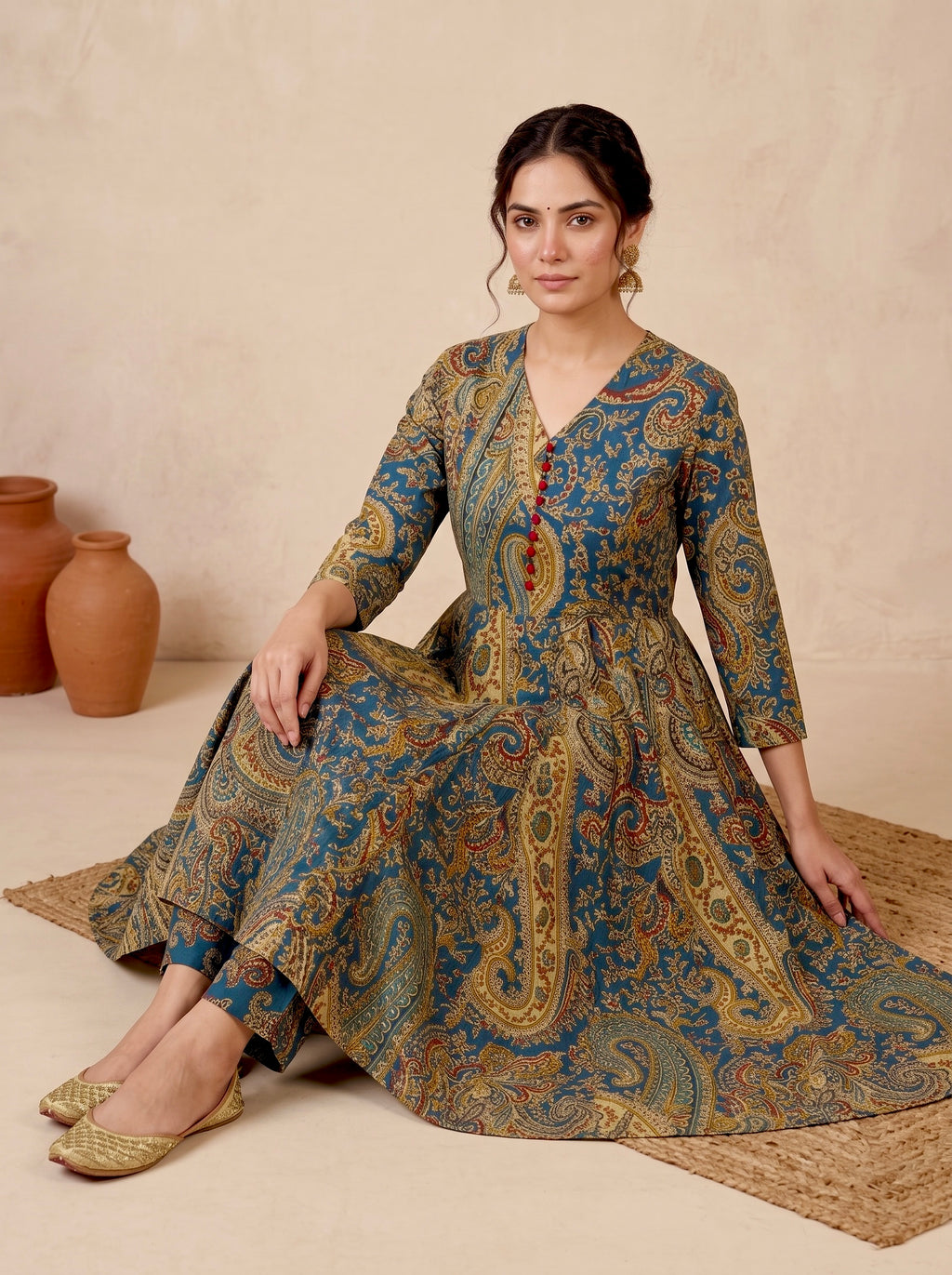 Blue Paisley Printed Cotton Anarkali Set