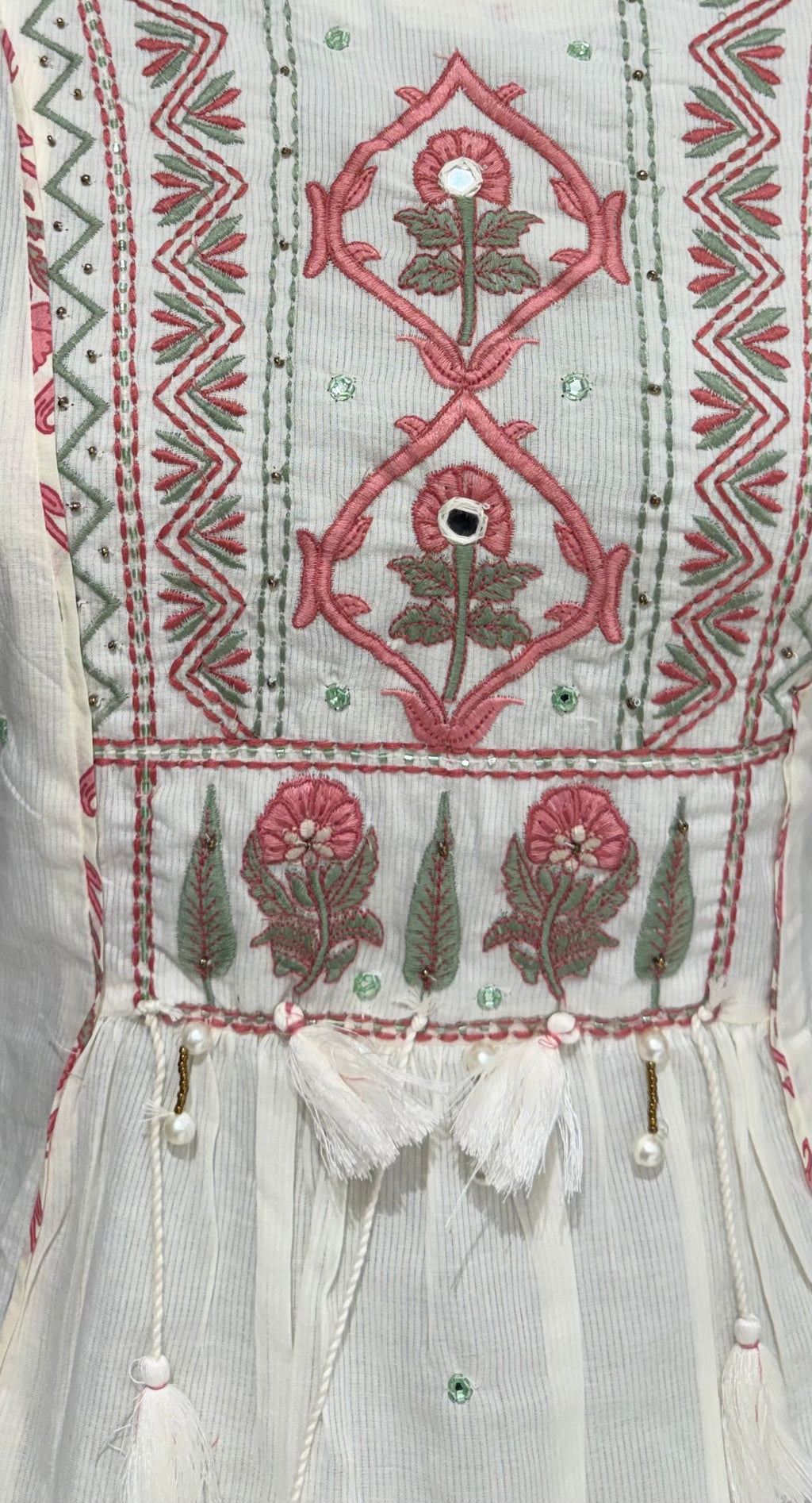 Ivory & Pink Floral Embroidered With  Block Print Cotton Kurta Set for Women – A-Line