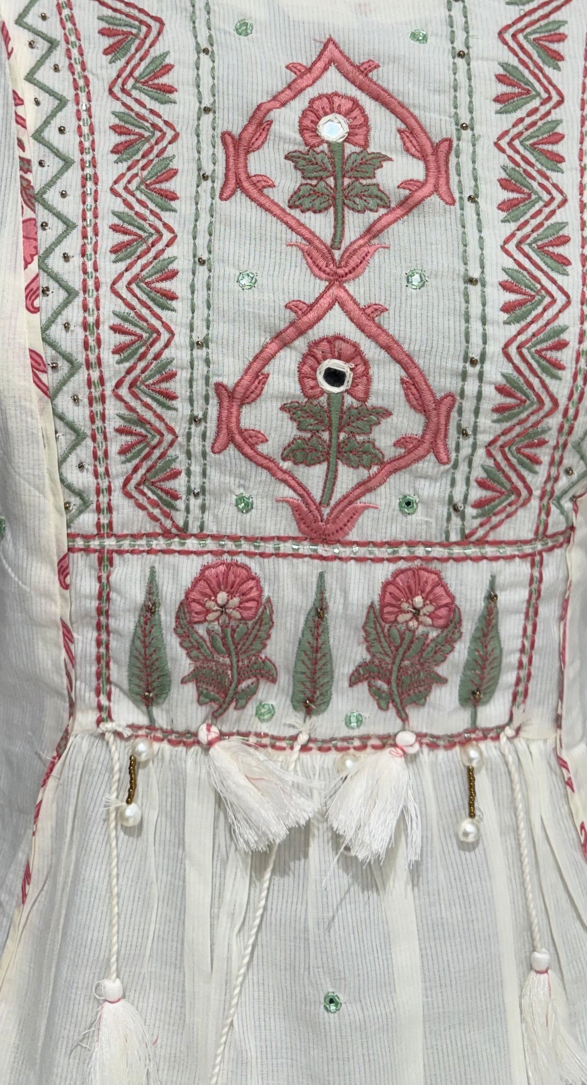 Ivory & Pink Floral Embroidered With  Block Print Cotton Kurta Set for Women – A-Line