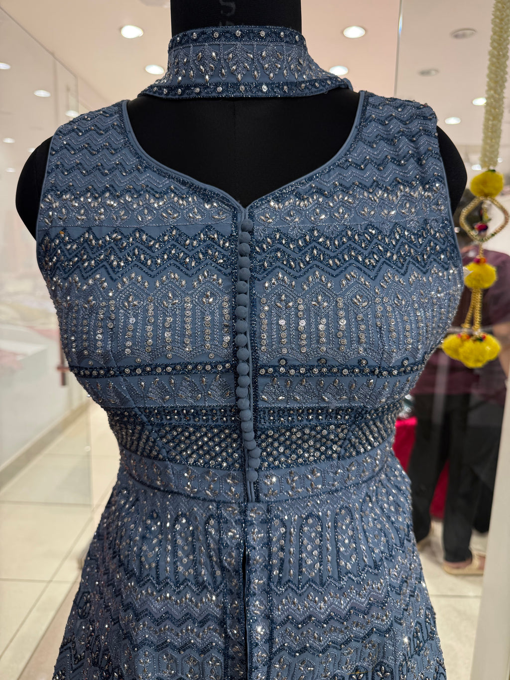 Dusty Blue Embroidered Peplum Top with Flowy Skirt Set – Indo-Western