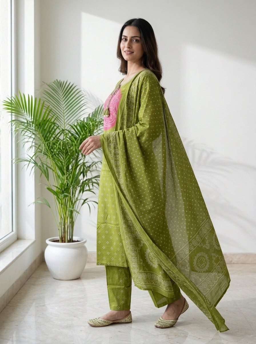 Mehndi Green Bandhani Print Cotton Kurta Pant Set with Dupatta