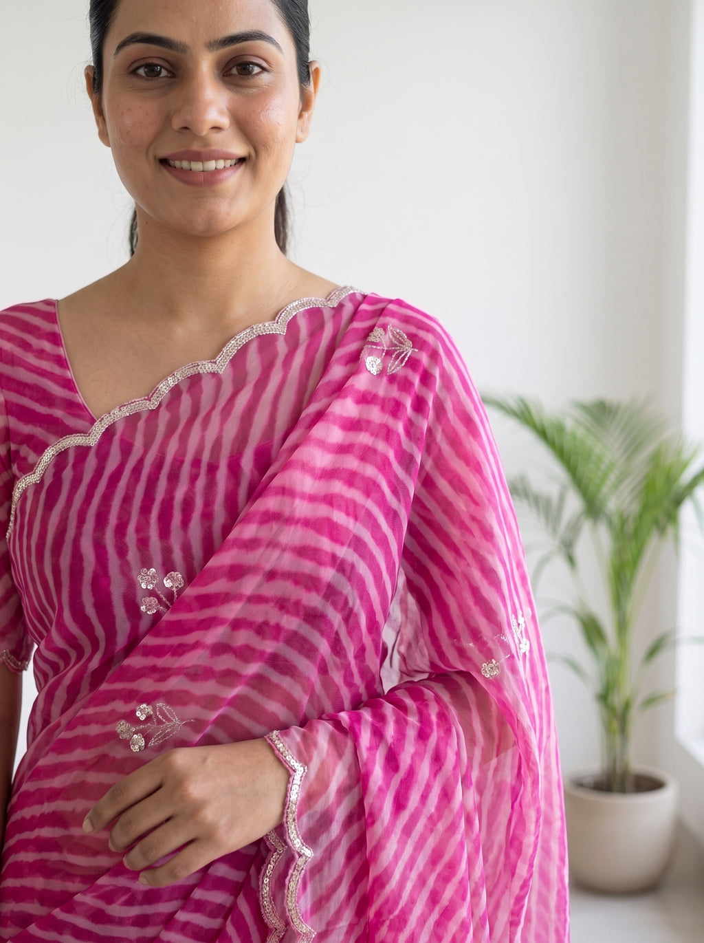 Pink Leheriya Georgette Saree with Pearl Work & Blouse Piece