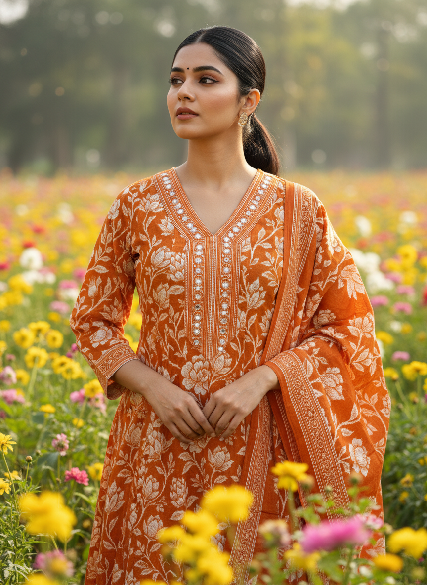 Rust Orange Floral Cotton Anarkali Kurta Set for Women – Printed Palazzo Suit