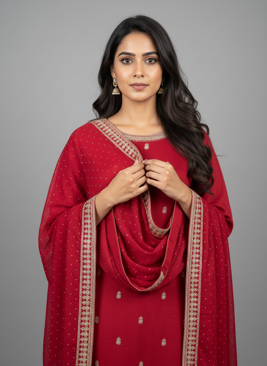 Scarlet Red Viscose Kurta Set with Zari and Sequin Embroidery