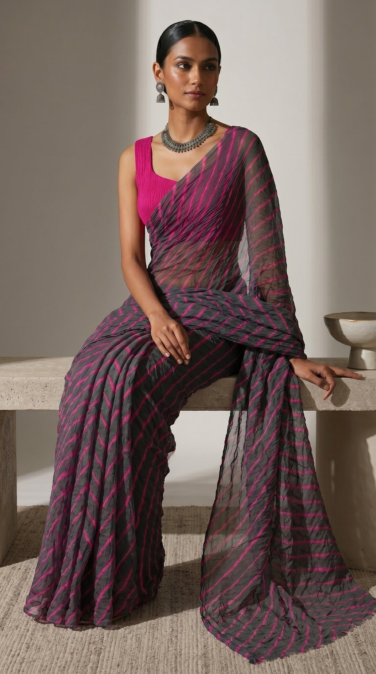 Grey & Pink Leheriya Georgette Saree with Blouse Piece