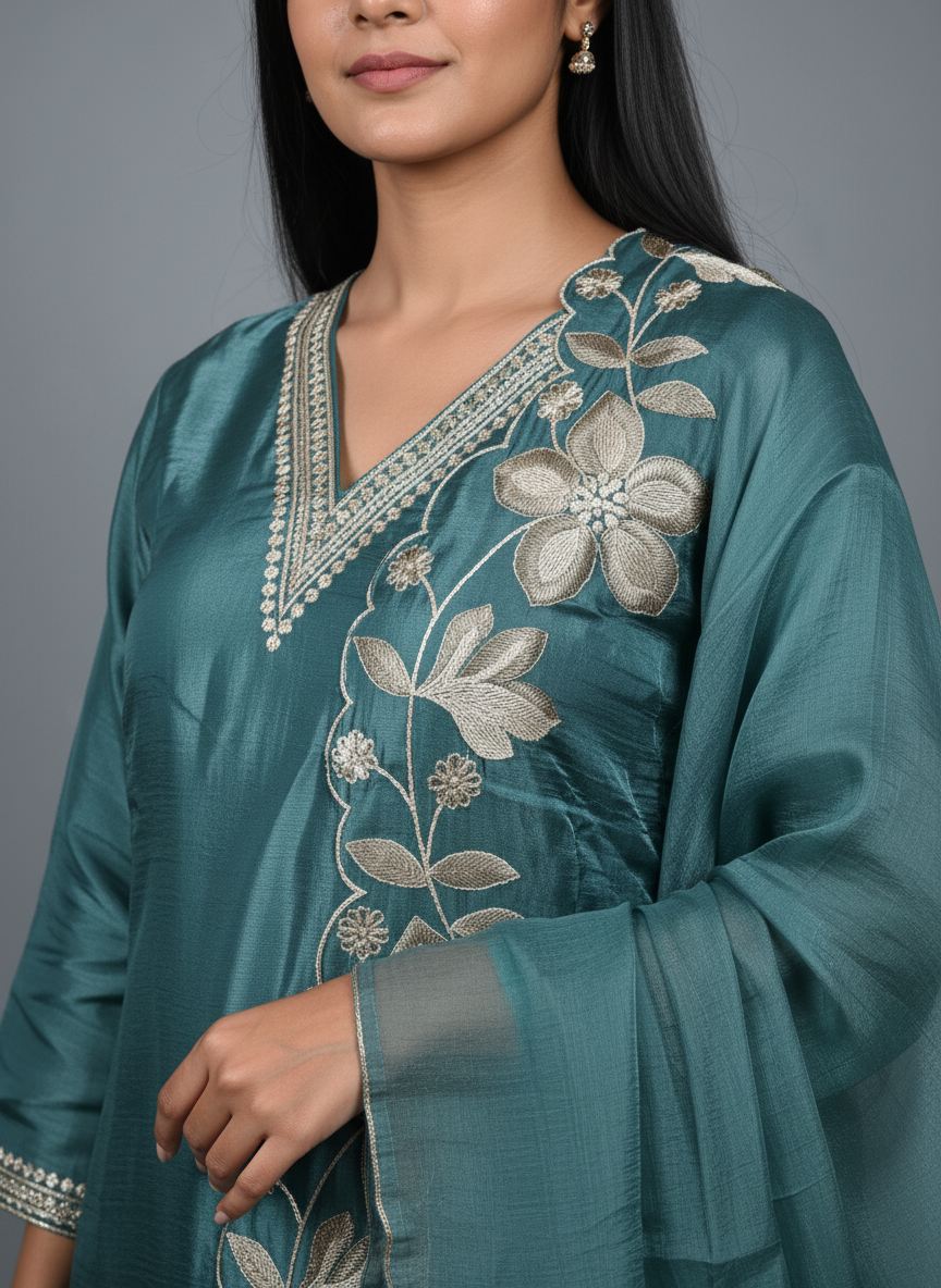 Teal Silk Floral Embroidered Suit Set – Festive Three-Piece