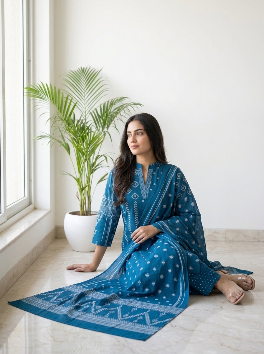 Teal Blue Ikat Print Cotton Kurta Pant Set with Dupatta