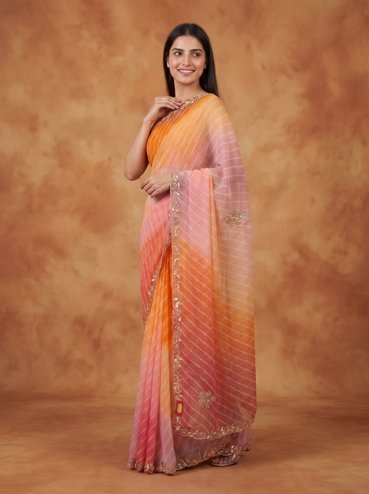 Orange & Peach Ombre Leheriya Georgette Saree with Kat Dana Work & Blouse Piece