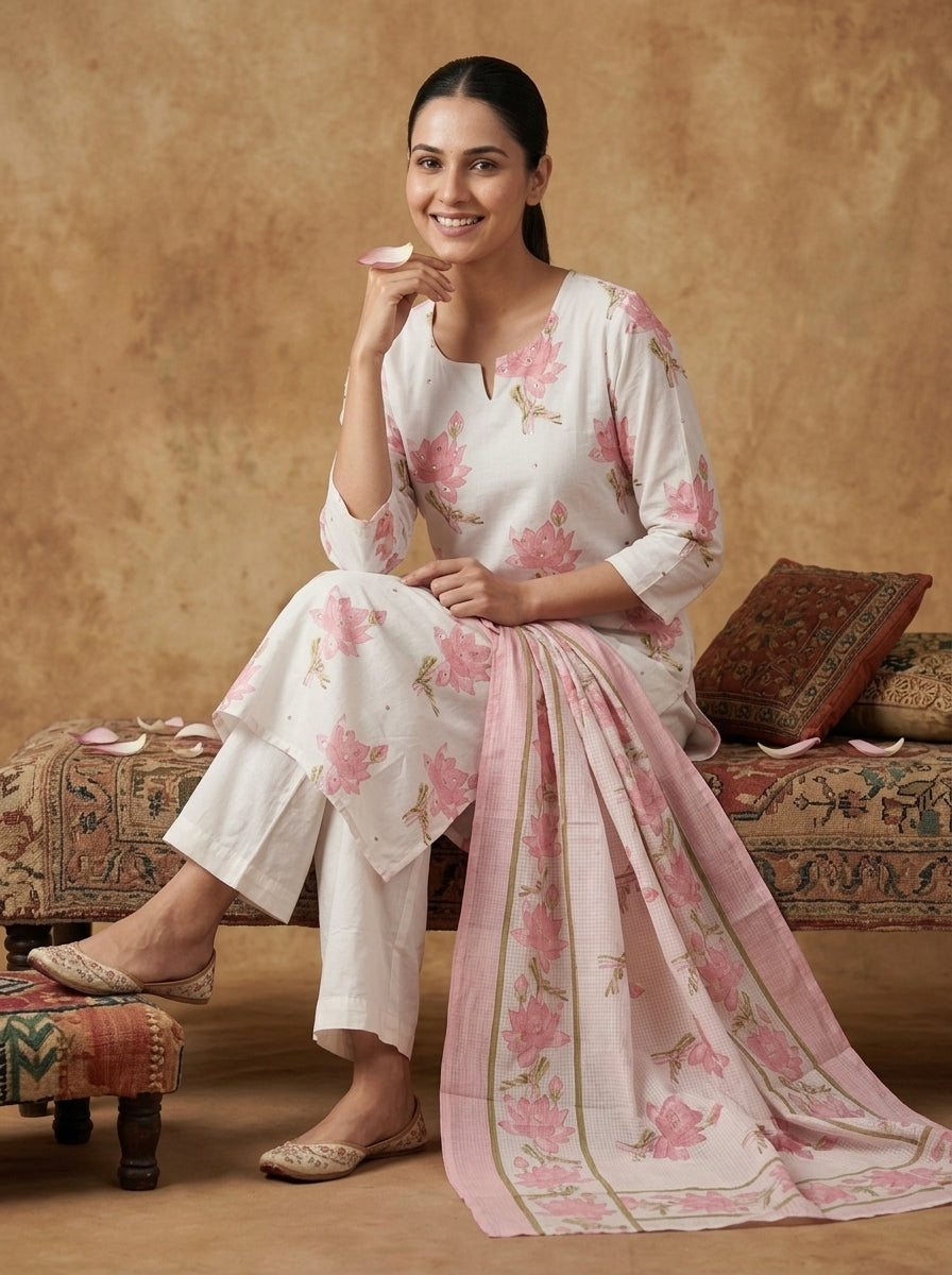White Pink Lotus Print Cotton Kurta Set for Women – Straight Suit with Dupatta