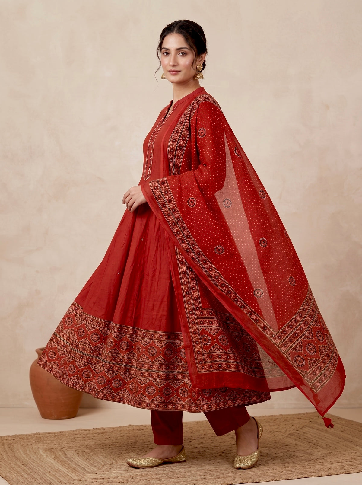 Rust Ajrakh Border Cotton Anarkali Set