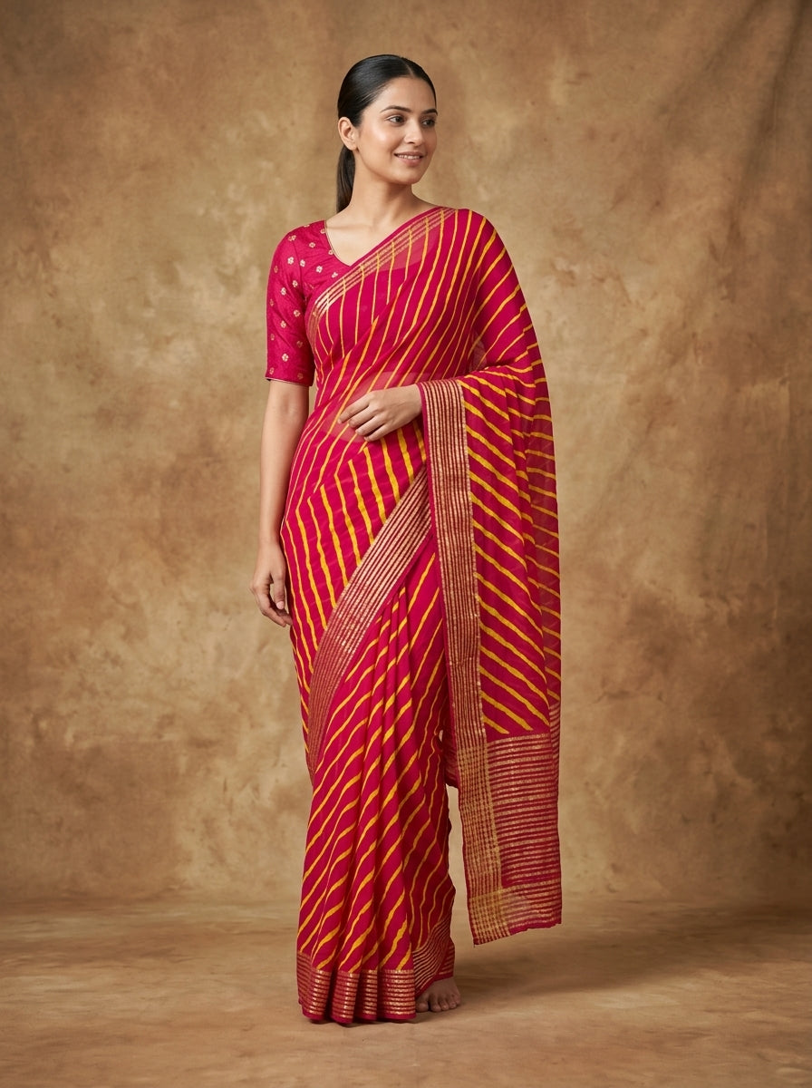Rani Pink Leheriya Modal Silk Saree for Women with Zari Border & Blouse Piece