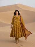 Mustard Yellow Floral Cotton Anarkali Set for Women – Printed Daily Wear Suit