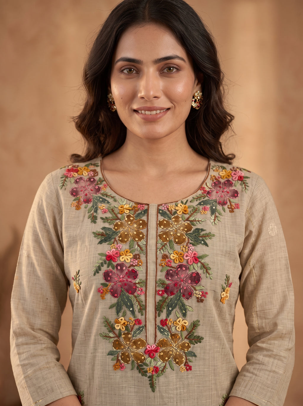 Beige Floral Embroidered Pure Linen Kurta Set with Dupatta