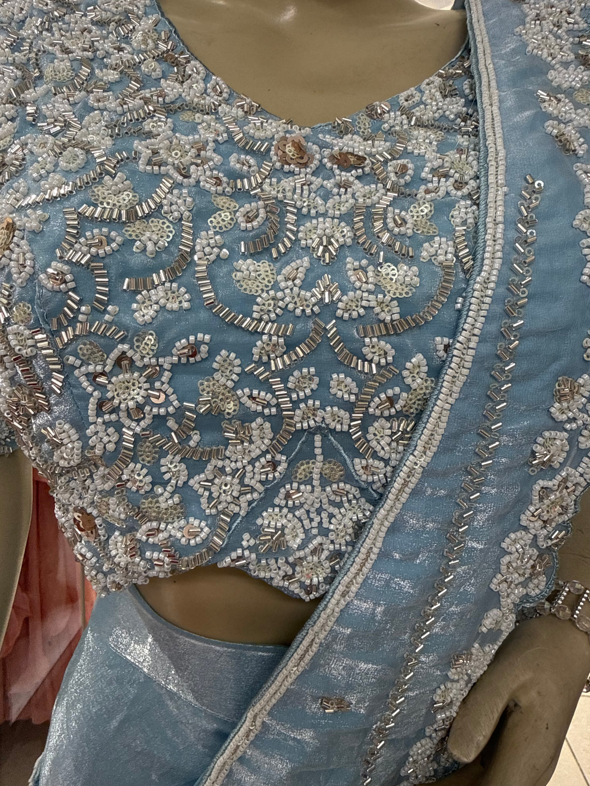 Icy Blue Sequined Blouse and Draped Skirt – Indo-Western Set
