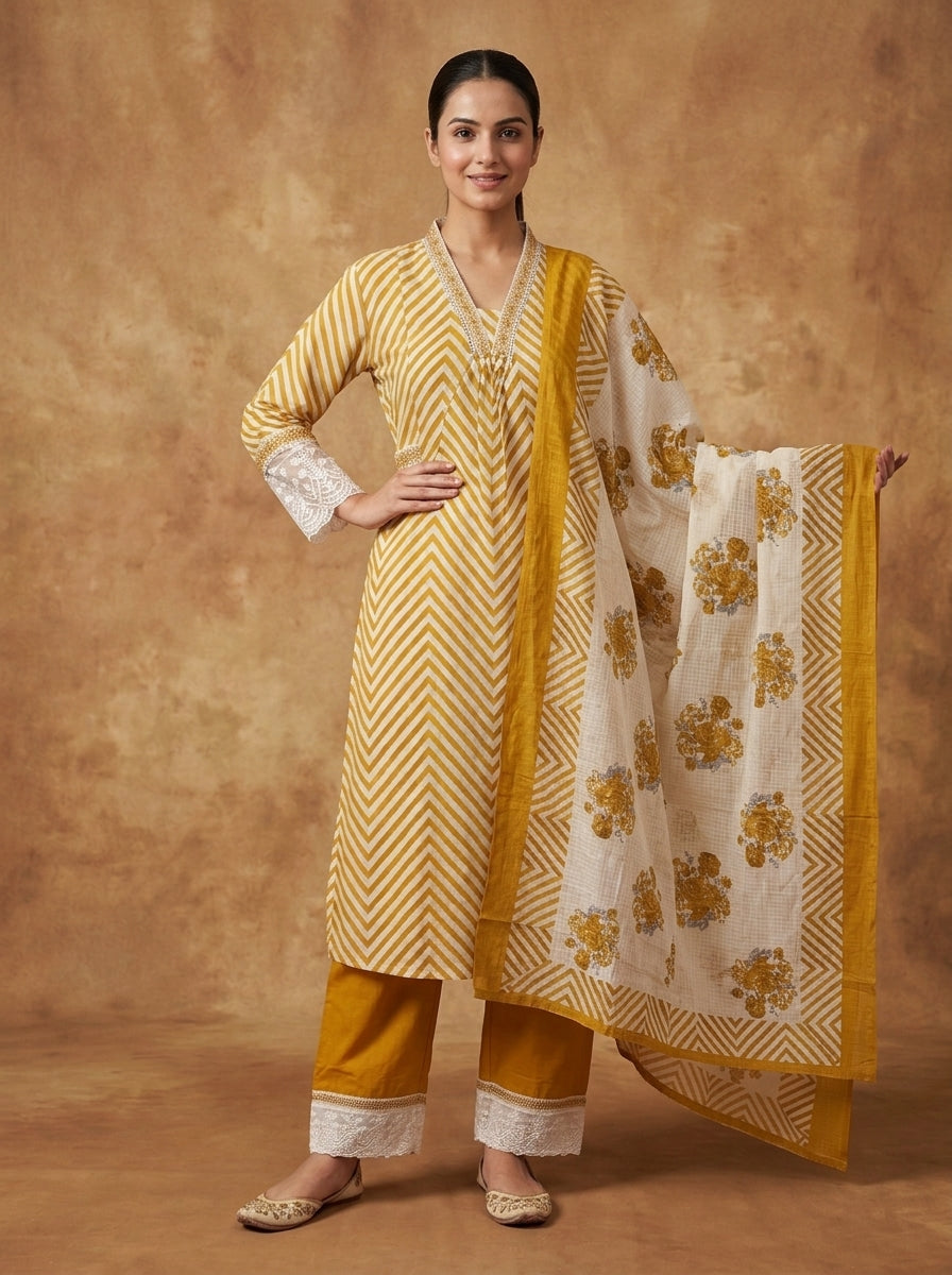 Mustard Chevron Print Cotton Kurta Set for Women – Straight Suit with Palazzo & Dupatta