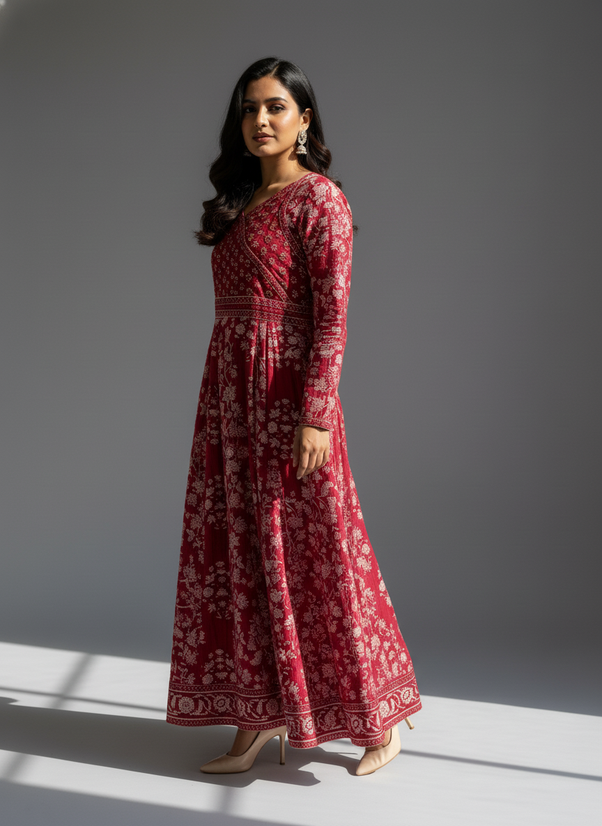 Maroon Floral Cotton Anarkali Suit for Women – Printed Daily Wear Kurta Set