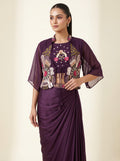 Purple Chinon Crepe Draped Skirt Set with Embroidered Crop Top & Cape Jacket
