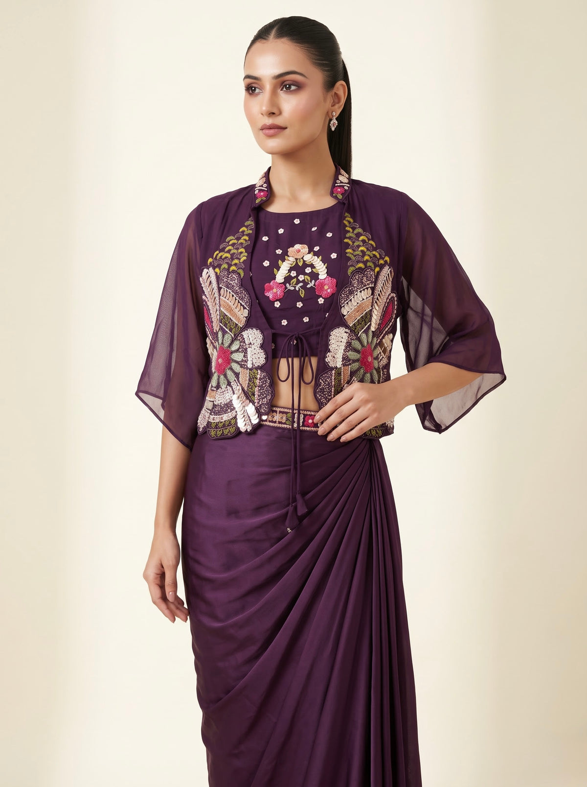 Purple Chinon Crepe Draped Skirt Set with Embroidered Crop Top & Cape Jacket